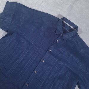 Tommy Bahama Shirt Mens 2XL Blue Short Sleeve 100% Linen Casual Jacquard XXL